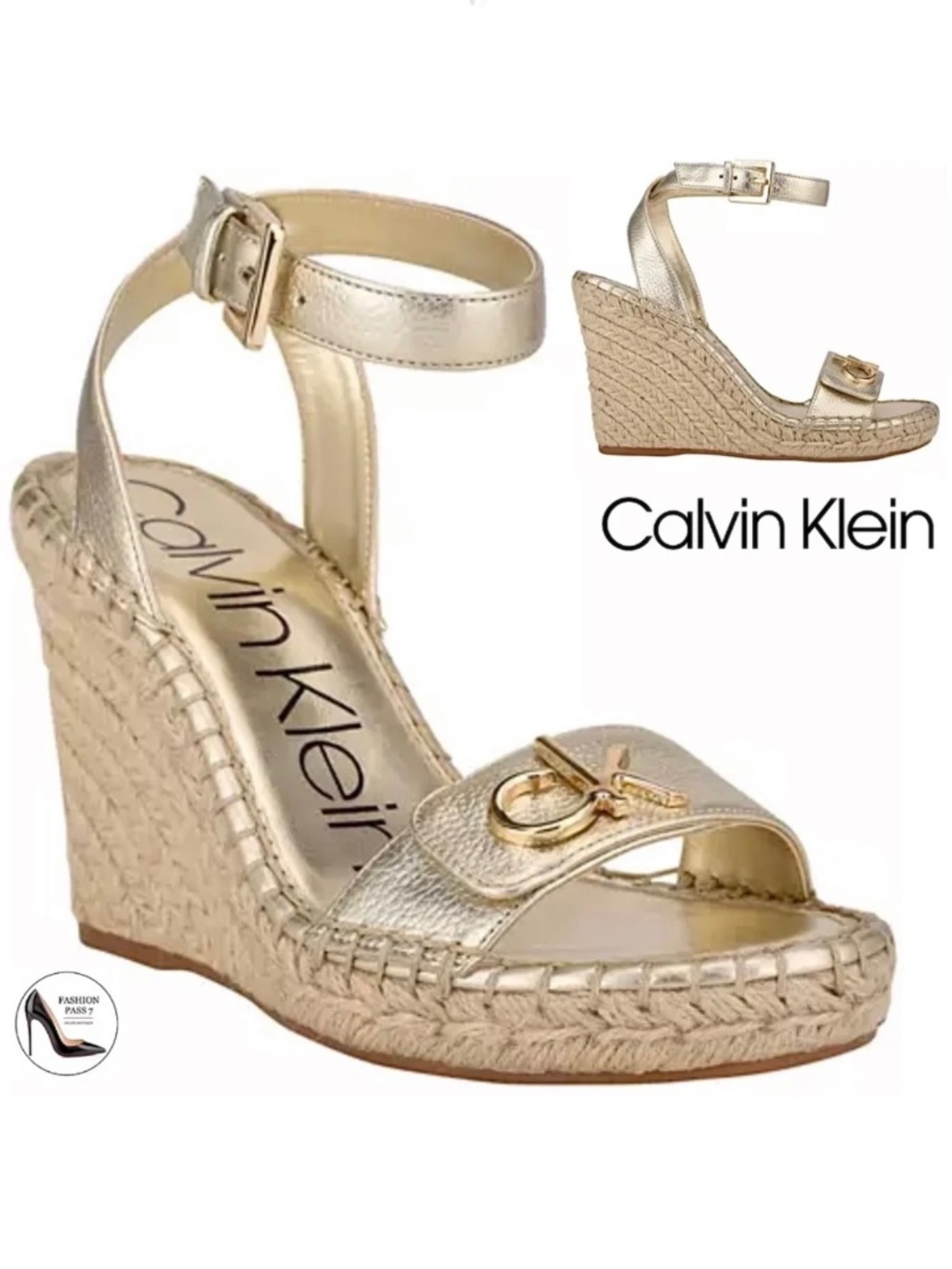 Calvin Klein Karla Gold Leather Espadrille Platform Wedge Ankle Strap Sandal 9.5